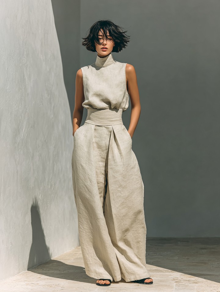 Maria | Conjunto de camiseta y pantalones anchos en algodón y lino minimalista para mujer