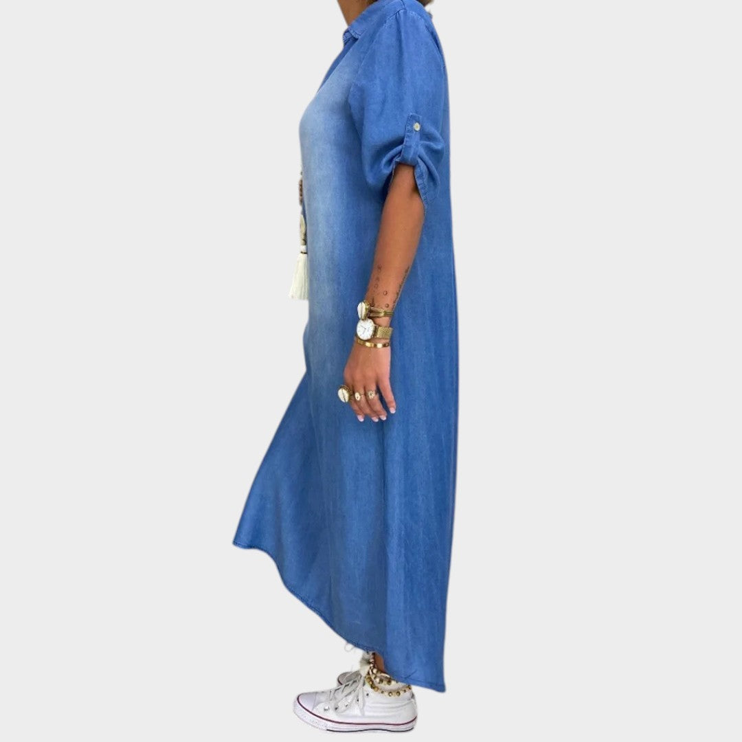 Lea™ | Vestido largo denim con abertura lateral