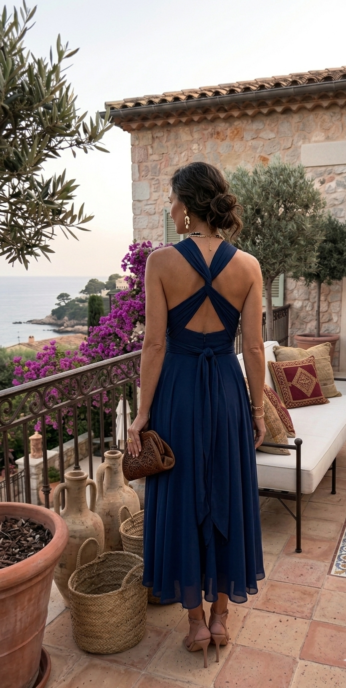 Murano | Abito blu navy multiposizione con gonna asimmetrica