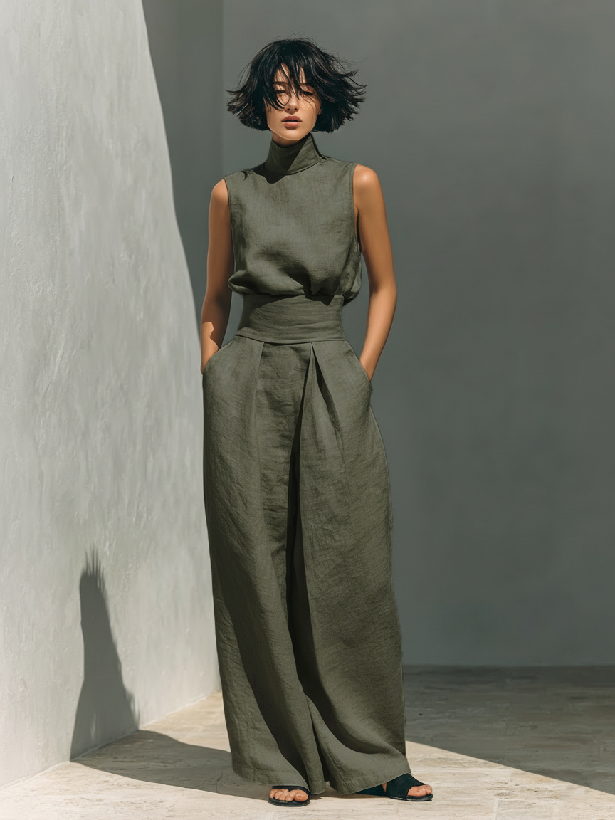 Maria | Conjunto de camiseta y pantalones anchos en algodón y lino minimalista para mujer