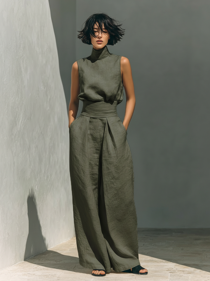 Maria | Conjunto de camiseta y pantalones anchos en algodón y lino minimalista para mujer