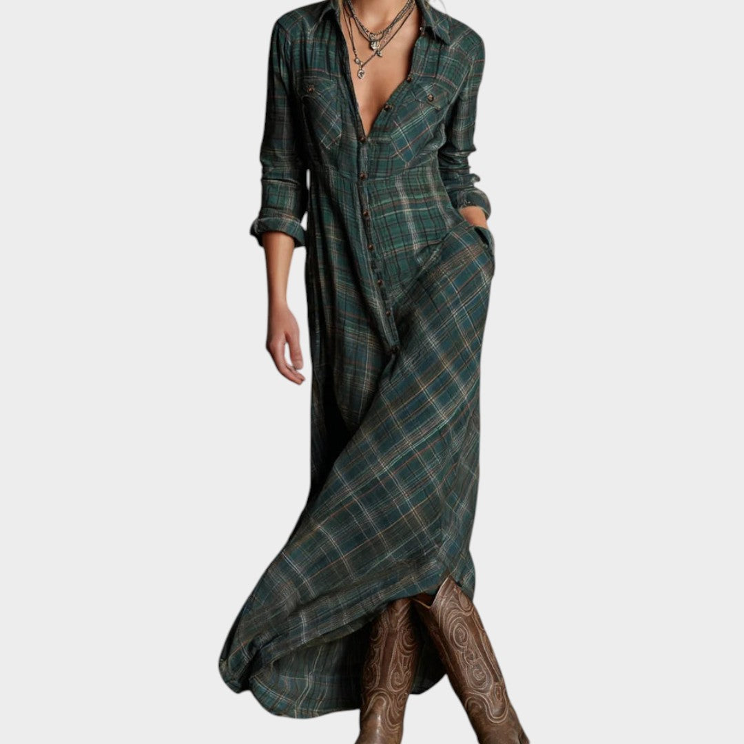 Calipso™ | Vestido largo camisero de cuadros verdes