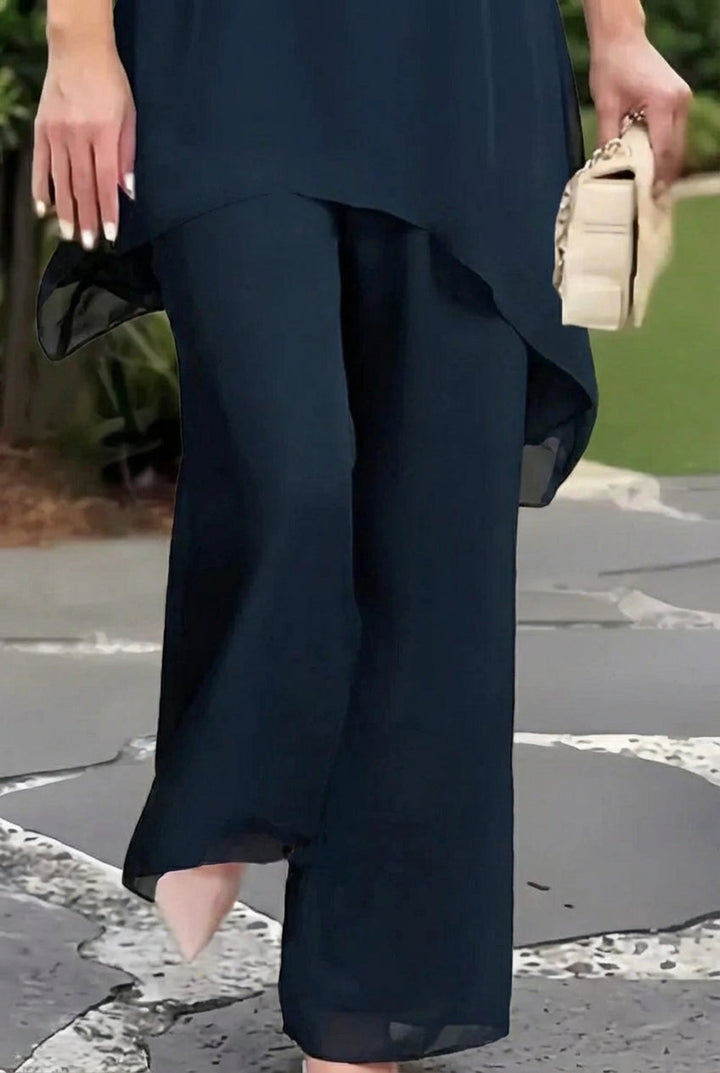 Aída | Conjunto de dos piezas para mujer: un top asimétrico con mucho encanto y unos pantalones de pierna ancha