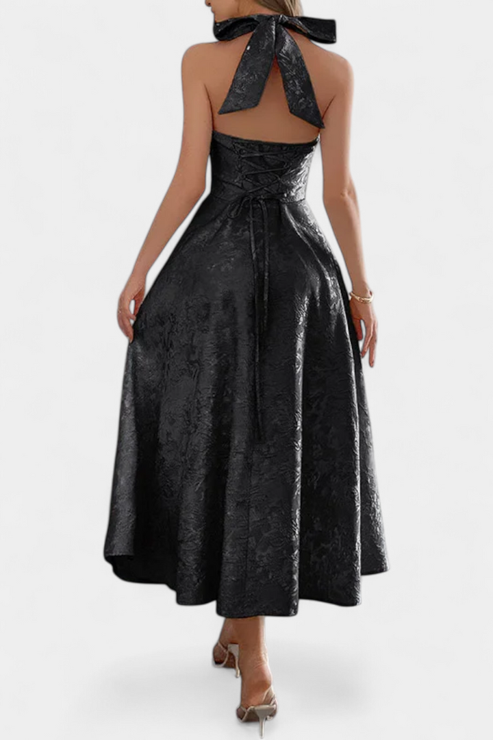 Gilda Vestido Midi Jacquard con Espalda Abierta y Cintura Alta
