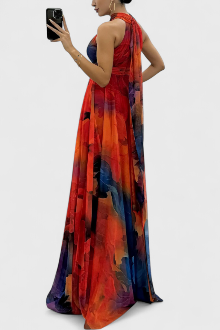 Caprice Vestido Maxi de Gasa con Estampado Floral y Cuello Halter
