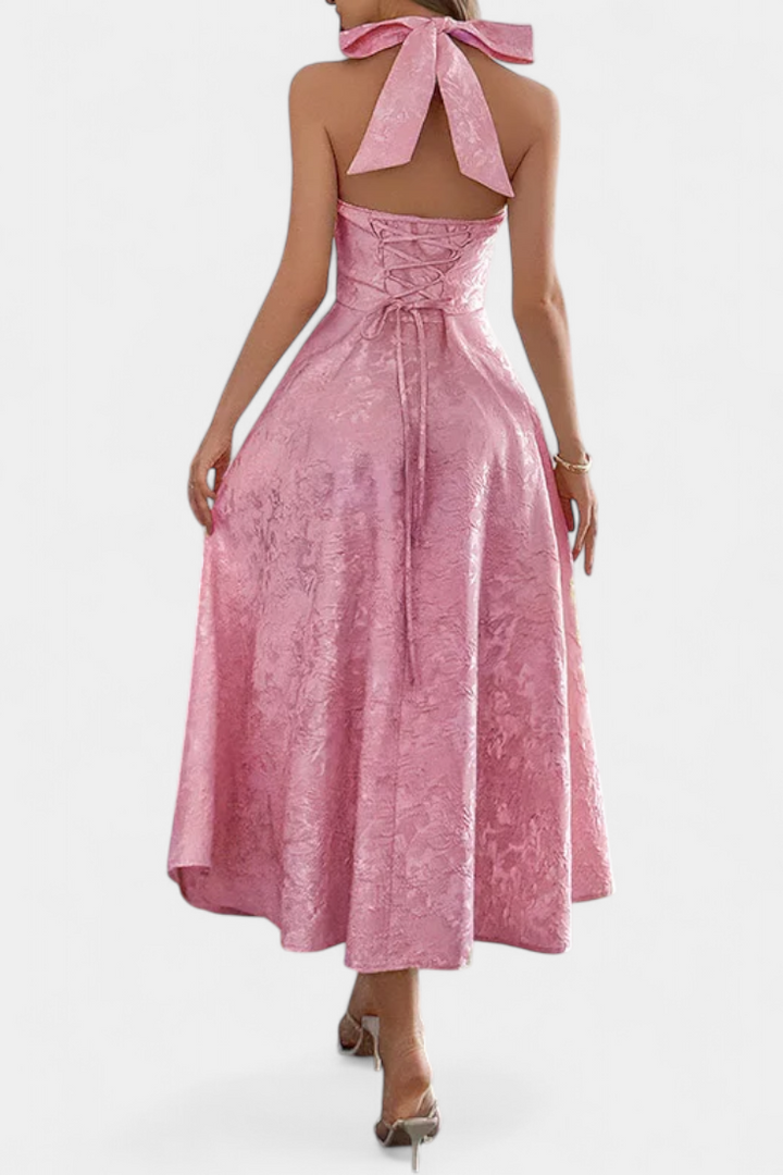 Gilda Vestido Midi Jacquard con Espalda Abierta y Cintura Alta