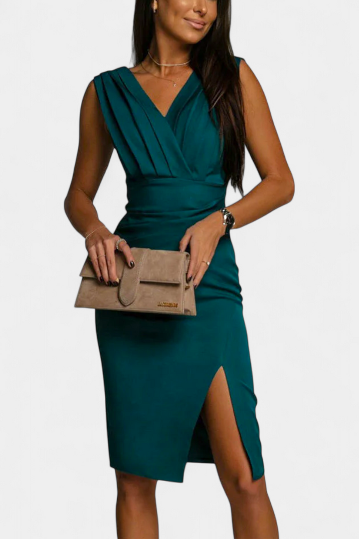 Rosanna Vestido Ceñido Elegante con Escote en V y Abertura Lateral