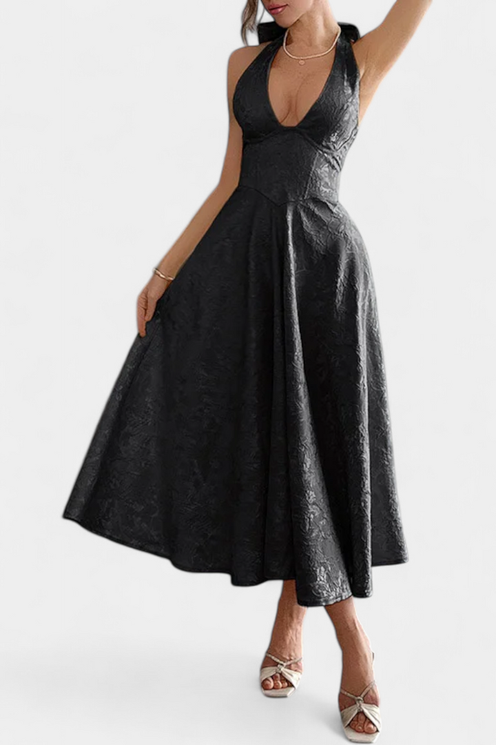 Gilda Vestido Midi Jacquard con Espalda Abierta y Cintura Alta