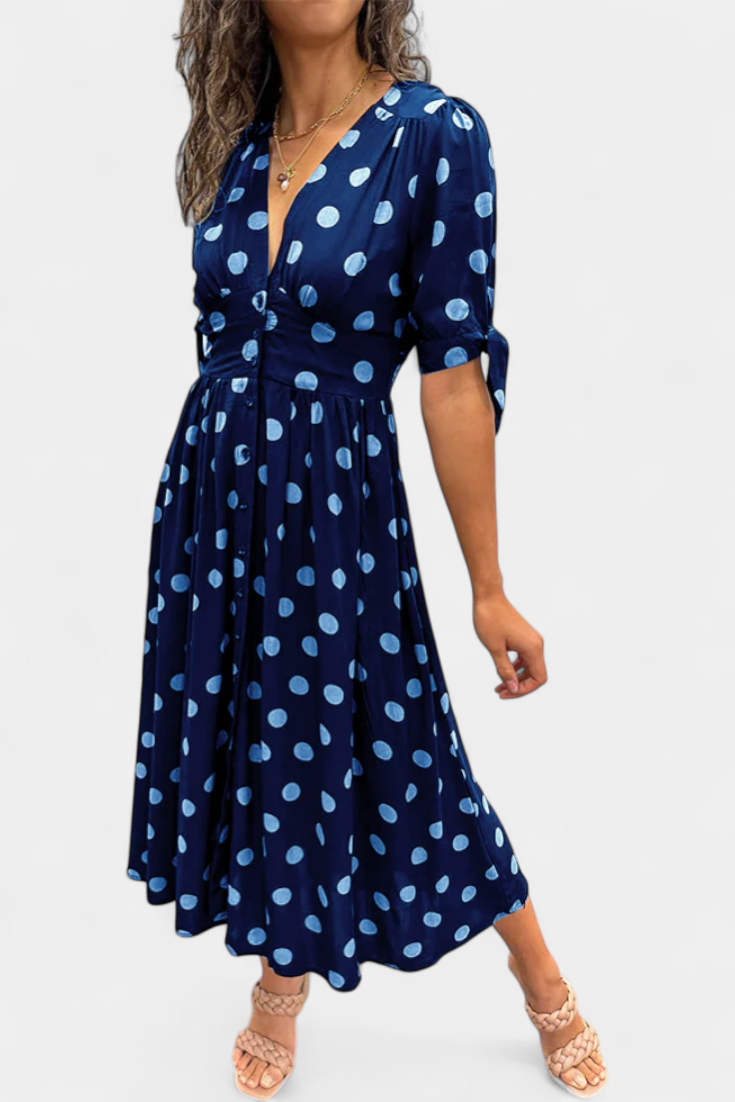 Lizzie Vestido Midi de Lunares con Escote en V Profundo