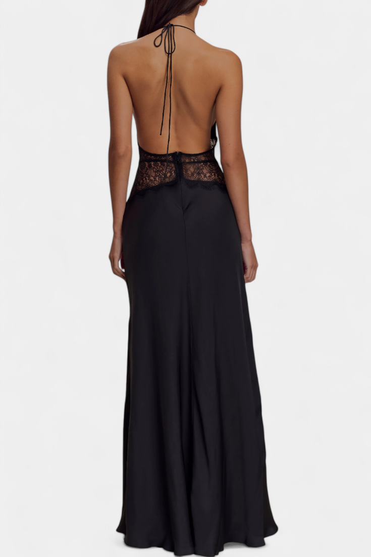 Ashanty Vestido Largo con Escote Halter y Cintura de Encaje Transparente