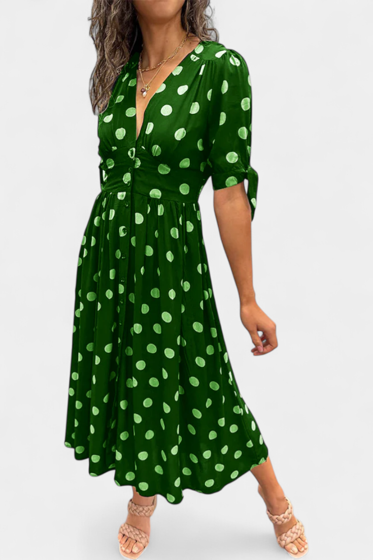 Lizzie Vestido Midi de Lunares con Escote en V Profundo
