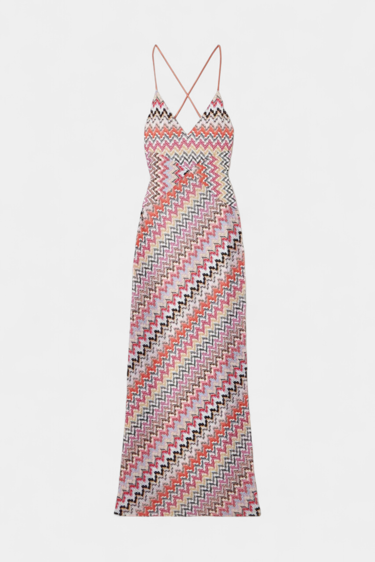 Francia Vestido Largo de Punto Multicolor con Escote Profundo y Espalda Cruzada
