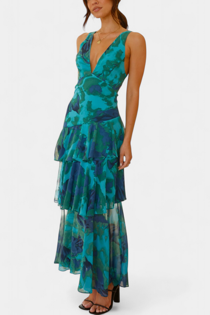 Domenica Vestido de Gasa con Escote en V y Capas Fluidas