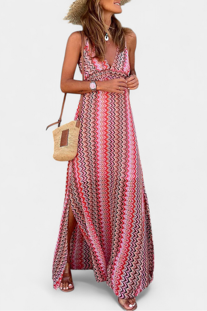 Jeni Vestido Largo Boho con Escote Halter y Estampado Tribal